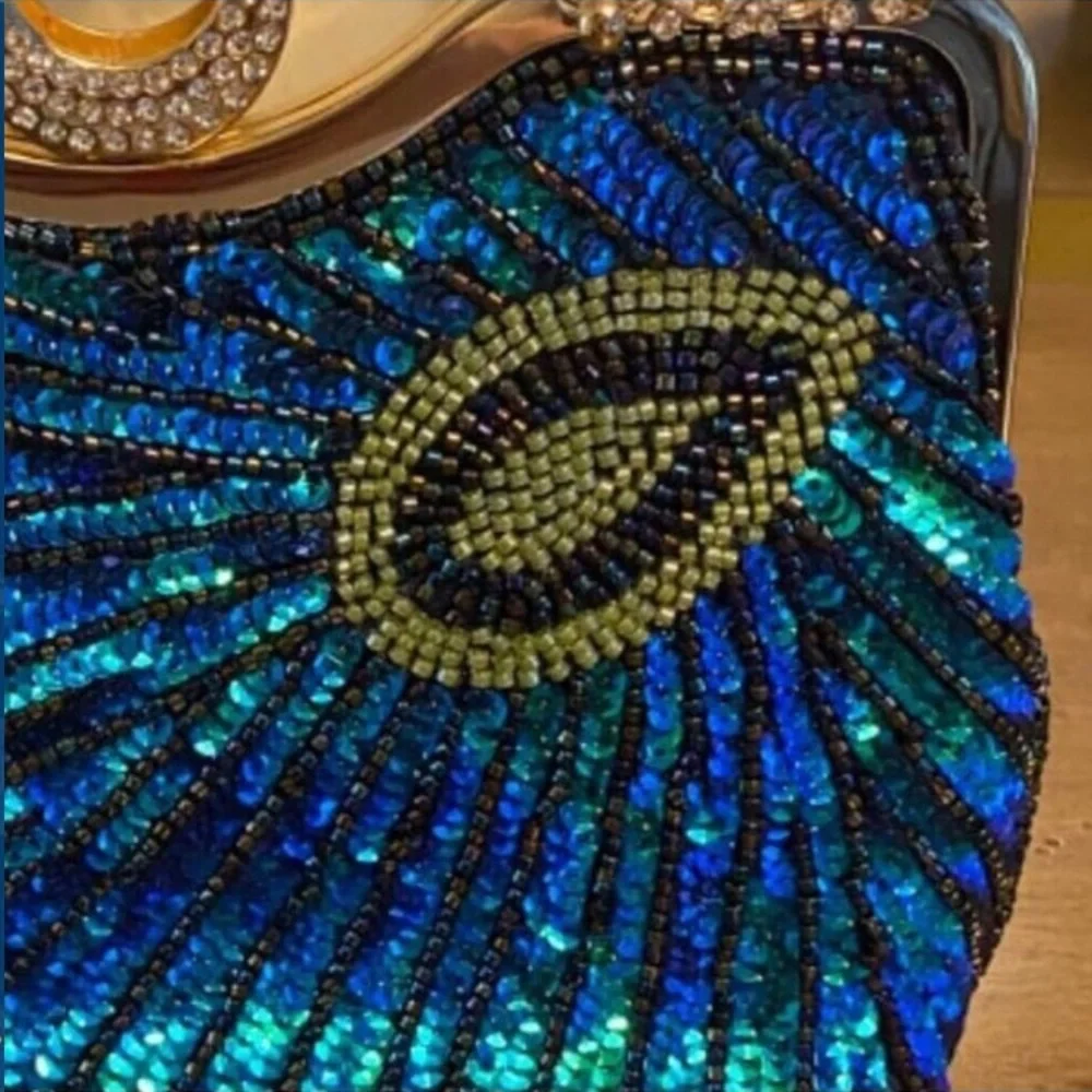 Beaded Bag Sequin Peacock Evening Clutch Purse for Women Formal Evening Blue